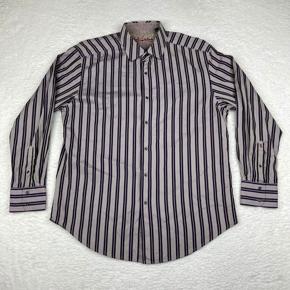 Robert‎ Graham Shirt Mens XL Purple Striped Flip Cuff Button Up Dress Shirt